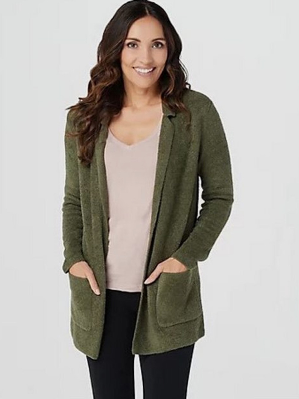 Barefoot Dreams CozyChic Lite Double Knit Notch Collar Cardigan Olive Green